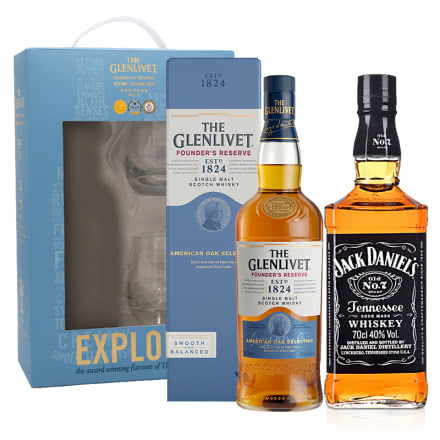 40°美国杰克丹尼700ml Jack Daniels +40°英国格兰威特单一麦芽苏格兰威士忌创始人甄选系列700ml单支礼盒（内含酒杯*2）