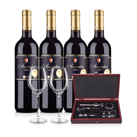 西班牙进口红酒 圣霞多·爱肯特斯干红葡萄酒 750ml（4瓶装）+5件套酒具木盒+嘉年华小黑皮诺手工水晶杯（500ML）*2