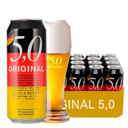 德国进口啤酒奥丁格5.0皮尔森啤酒黄啤酒500ml(24听装)