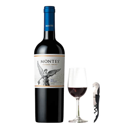 智利进口蒙特斯经典梅洛干红葡萄酒750ml赠送杯子+开瓶器