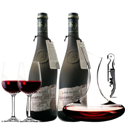 法国原瓶进口红酒教皇新堡芙华干红葡萄酒双支醒酒器装750ml（2瓶装）