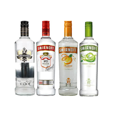 斯米诺（Smirnoff）洋酒烈酒 进口红牌、黑牌、青苹果、香橙伏特加四支装
