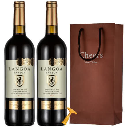 法国进口红酒14度朗格巴顿金牌特卖干红葡萄酒750ml*2瓶装+双支装礼袋可送礼