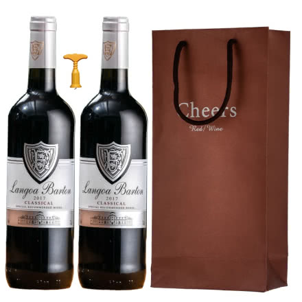 法国进口红酒14度朗格巴顿银牌特卖干红葡萄酒750ml*2支装+双支装礼袋可送礼